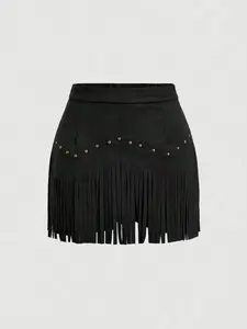 Women's Fringe Trim Short Skirt, Elegant Solid Color Zipper Skirt for Daily Wear, Ladies Bottoms for All Seasons