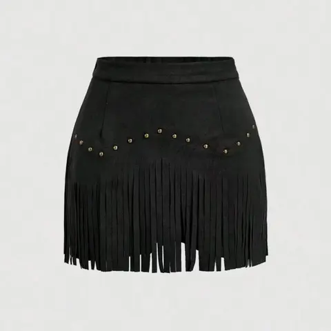 Women's Fringe Trim Short Skirt, Elegant Chic Solid Color Zipper Skirt for Casual Daily Wear, Ladies Bottoms for All Seasons