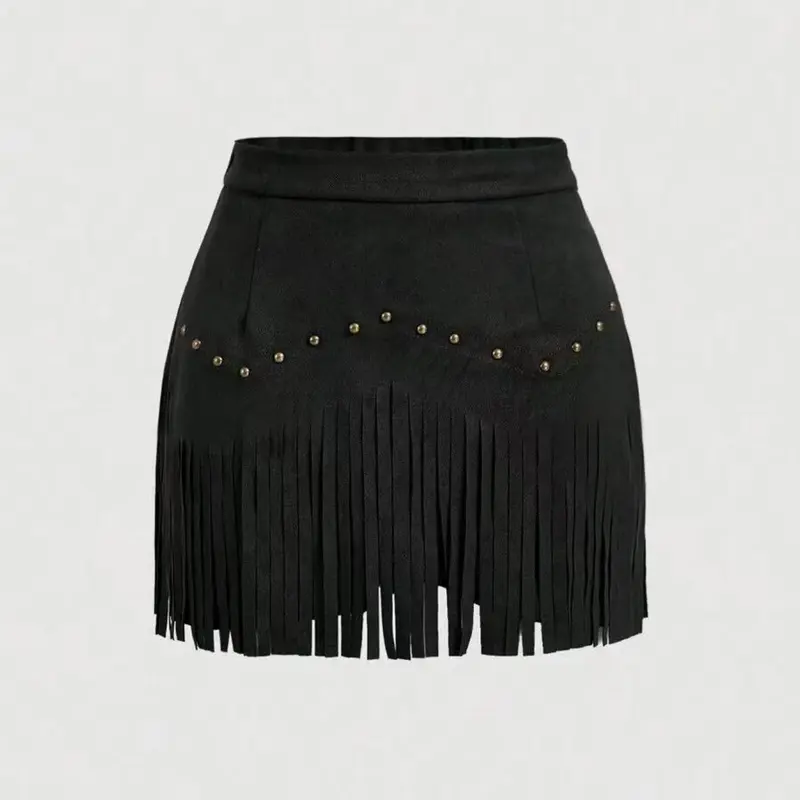 【Black Friday】Women's Casual Solid Color Fringe Hem Short Skirt, Elegant Chic Zipper Skirt for Daily Wear, Ladies Bottoms for All Seasons