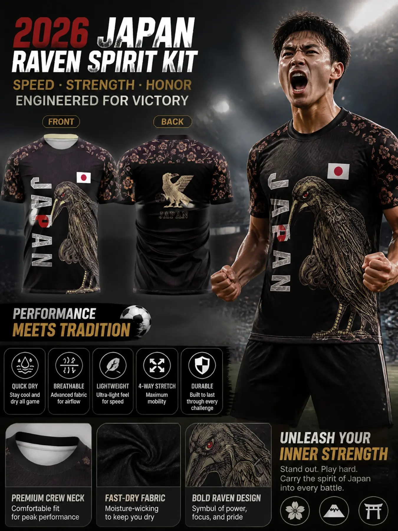 2026 Japan National Team Soccer Jersey, Gold Giant Cherry Blossom Print, Quick-Dry Breathable, Four-Way Stretch, Patriotic Gift