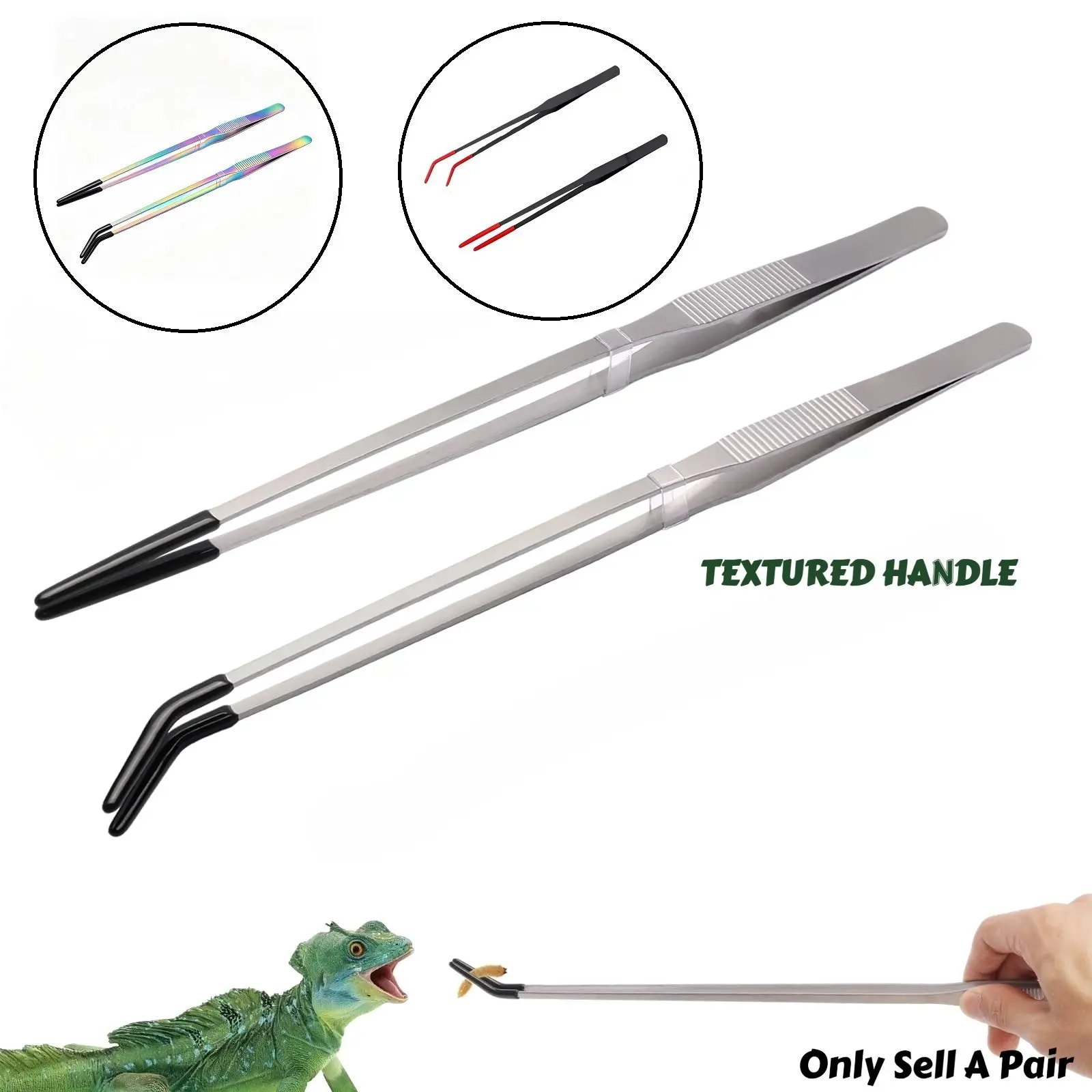 2PCS Grey/black/Colorful version 10.6"L Stainless Steel Reptile Feeding Tongs with Rubber Tip, Handle, Straight & Curved Long Tweezers for Aquarium or Craft, Bearded Dragon Tank Snakes Enclosure Accessories, Terrarium Supplies, Reptile Tools