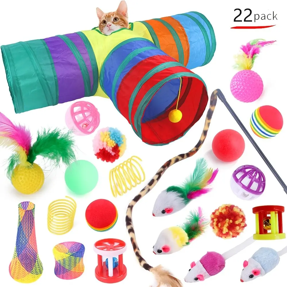 22-Piece Cat Toy Set, Interactive Indoor Toys for Kittens, Foldable Tunnel Tent, Feather Wand, Bell Ball, Spring Mouse, Random Colors