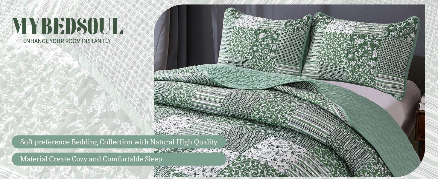Green Set Twin Size, 2 Pieces Floral Bedspread Set Patchwork Reversible Bedding Set Microfiber Lightweight Bedspread Coverlet Set for All Season 68"x86"