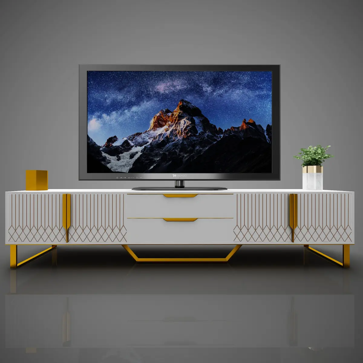 Modern Minimalist White TV Console - 70.80x15.50x19.70in High-Quality Particleboard Home Entertainment Center, 88.40lbs, Unique Carving, Metal Leg Design, Storage Cabinets for Living Room (Modern Minimalist TV Stands & Multimedia Centres)