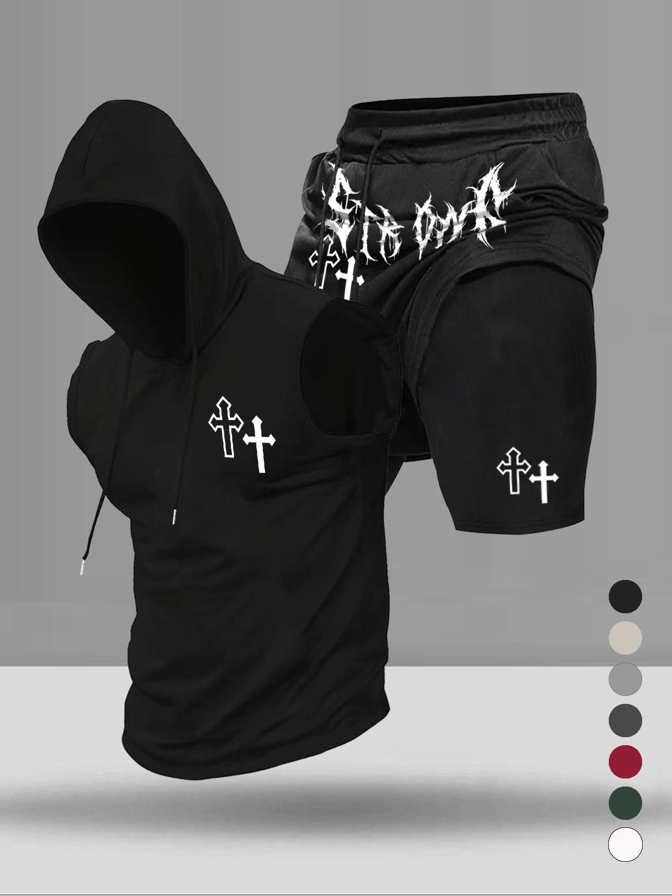 Men's Graphic Print Two-Piece Set, Stylish Hooded Sleeveless Vest and Drawstring Pocket Shorts, Summer Casual Wear for Sports and Daily Use