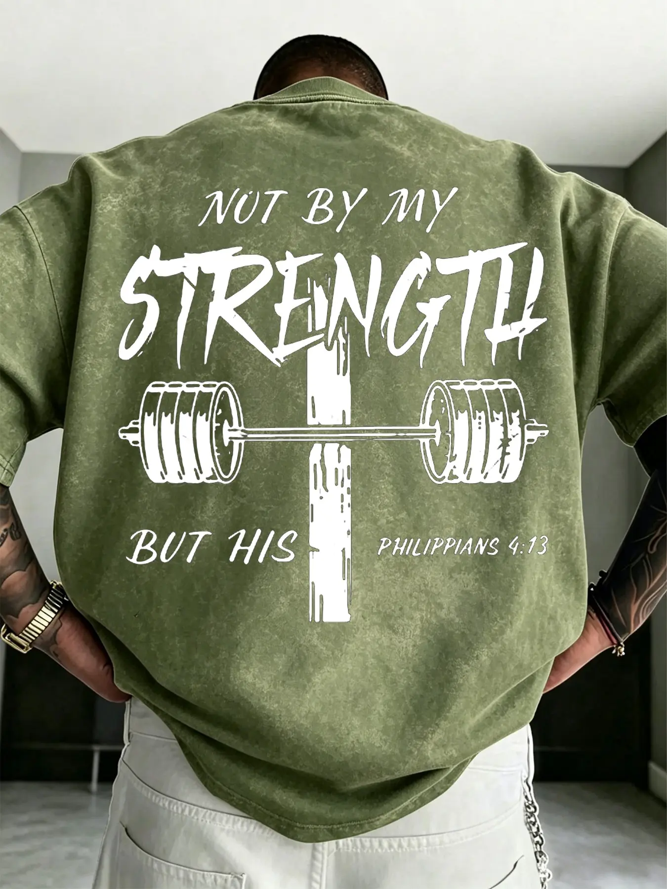 Men's Washed Vintage Cross Barbell Faith English Short Sleeve T-Shirt, American Christian Gym Fitness Loose Fit Breathable Training Top