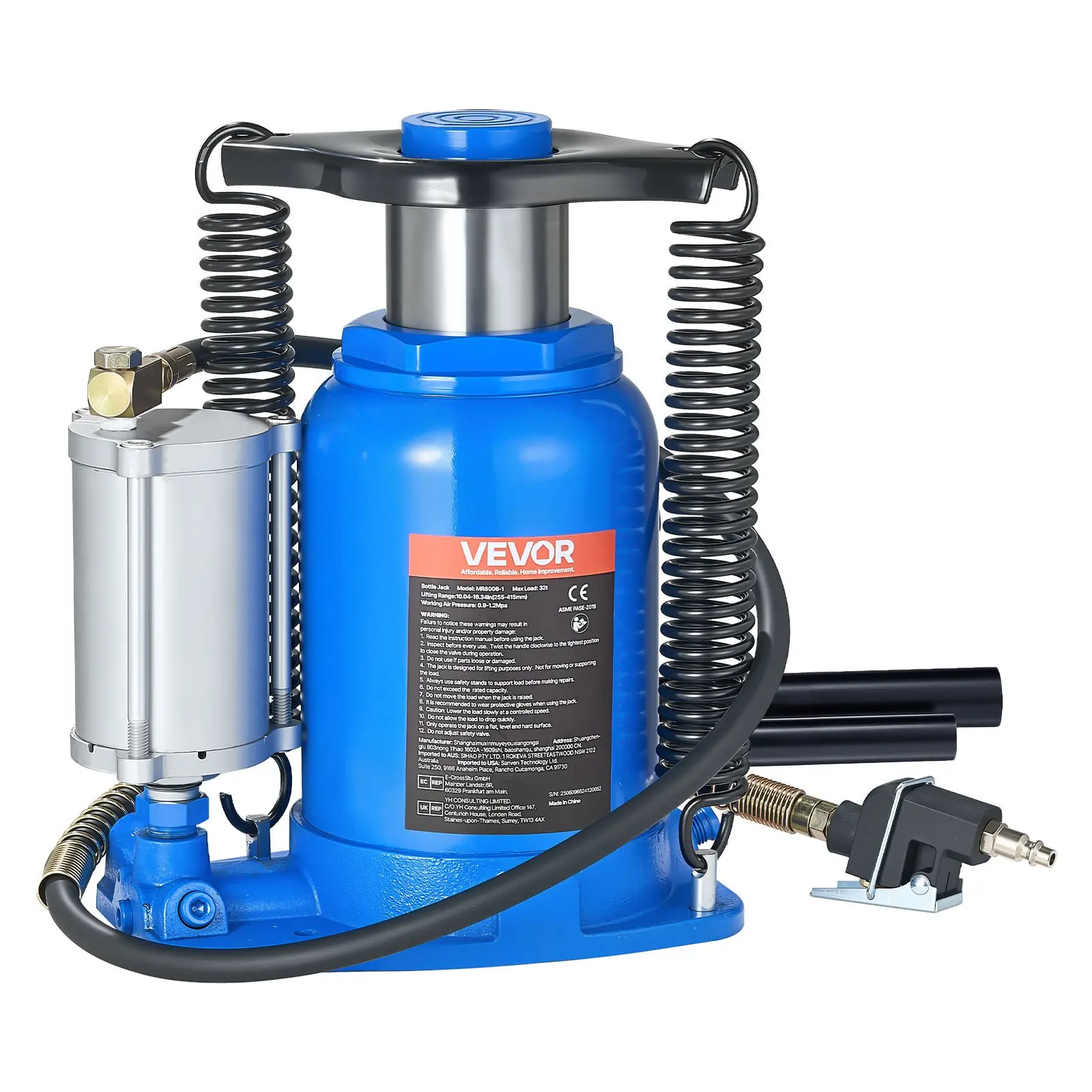 VEVOR Air Hydraulic Bottle Jack, 32 Ton (70546.9 lbs) Capacity, 10-16.3 Inch Lifting Range, Pneumatic/Manual Heavy Duty Welded Bottle Jack with Pump for Car, SUV, Pickup, Truck, RV, Auto Repair, Blue