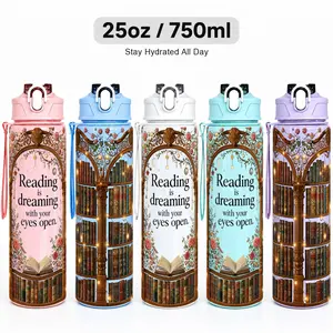 1pc 25oz Multicolor Plastic Spout Water Bottle with Book Themed Letter Floral Pattern, Leak Resistant Lid with Straw, Hot Cold Dual Use for Gym Camping Hiking, Stylish Drinkware Gift for Reader, Book Club Members