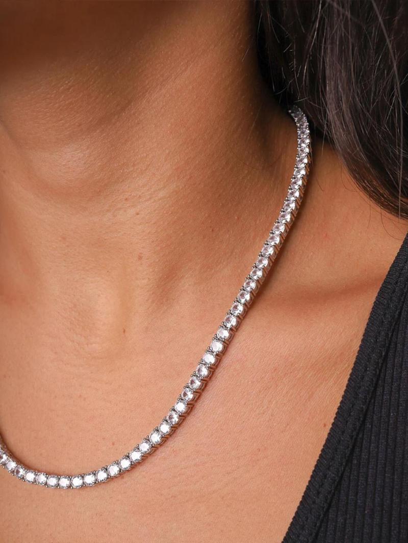 Rhinestone Decorated Tennis Chain Necklace, Hip Hop Necklace for Party, Daily Clothing Decor, Trendy All-match & Exquisite Jewelry for Birthday Gift, Cuban Link Chain