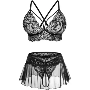 Women's Lacy 3-Piece Naughty Lingerie Outfits - Lace Bralette, Mini Skirt, Crotchless G-String