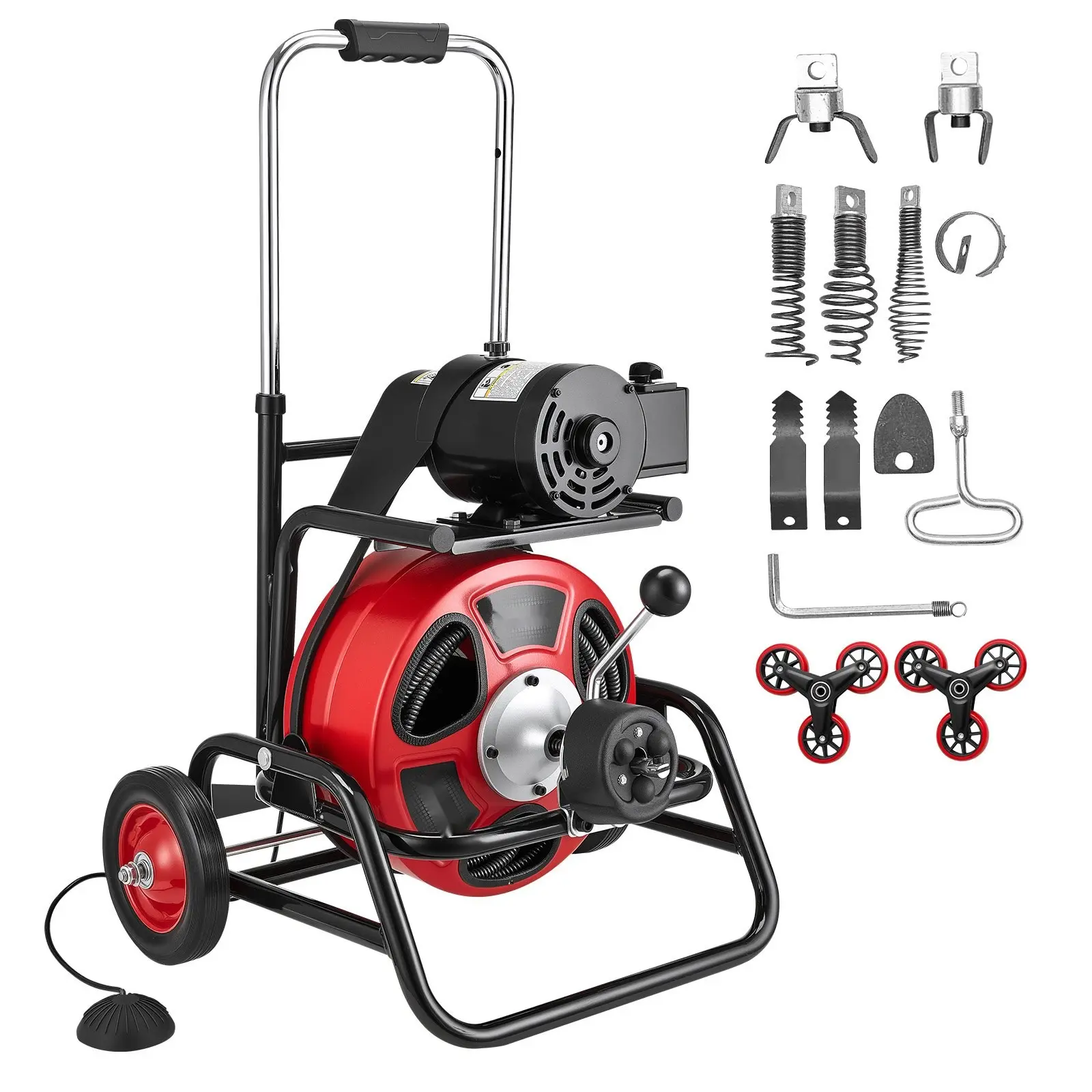 Drain Cleaner Machine With Auto Feed, 100 Feet Of Cable 1/2 Inch, Sewer Snake Auger, Portable Drain Cleaning System With Climbing Wheels, Adjustable Drum, 8 Cutters And Foot Switch, For 2-Inch To 6-Inch Pipes, Industrial Quality