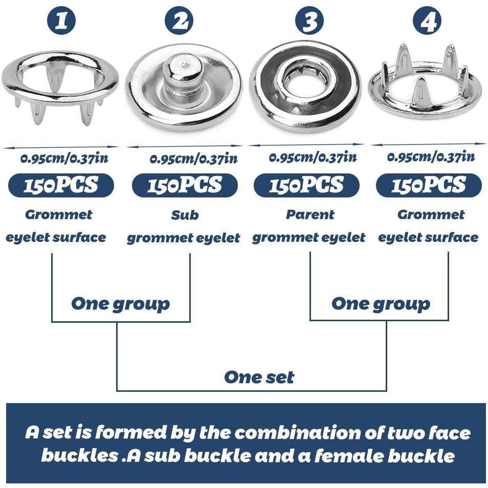 150 Sets Snap Button, 9.5mm Metal  Snaps Buttons for Sewing and Crafting, Open Prong Snap Button Snap Fasteners Kit for Jeans, Fabric, DIY Craft, Clothing Fasteners