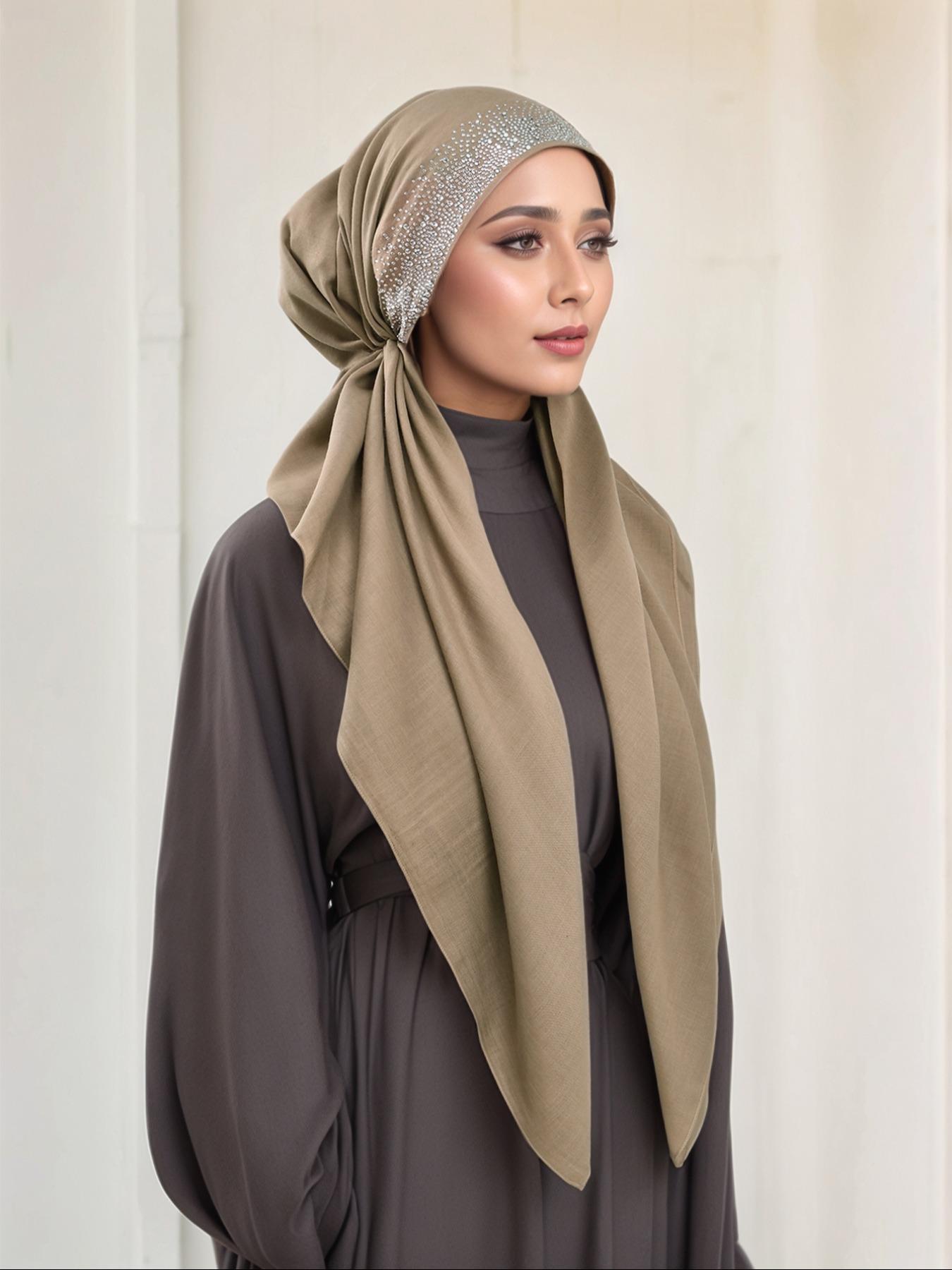 Women's Solid Color Rhinestone Decor Instant Hijab, Modest Fashion Breathable Hijab for Daily Wear, Women's Islamic Accessory for All Seasons, Turban Style Hijab