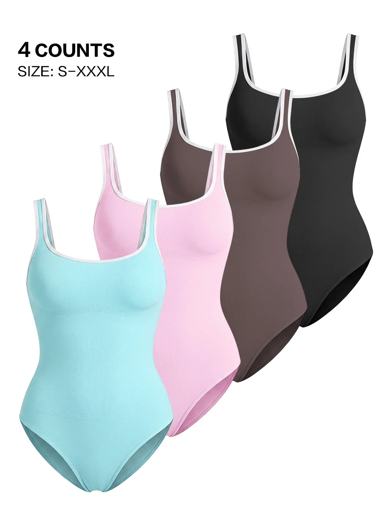 Seamless Ribbed Tank Bodysuit with Contrast Binding Trim, Square Neck Slimming Shapewear, Curves Sculpting Body Suit for Daily Wear
