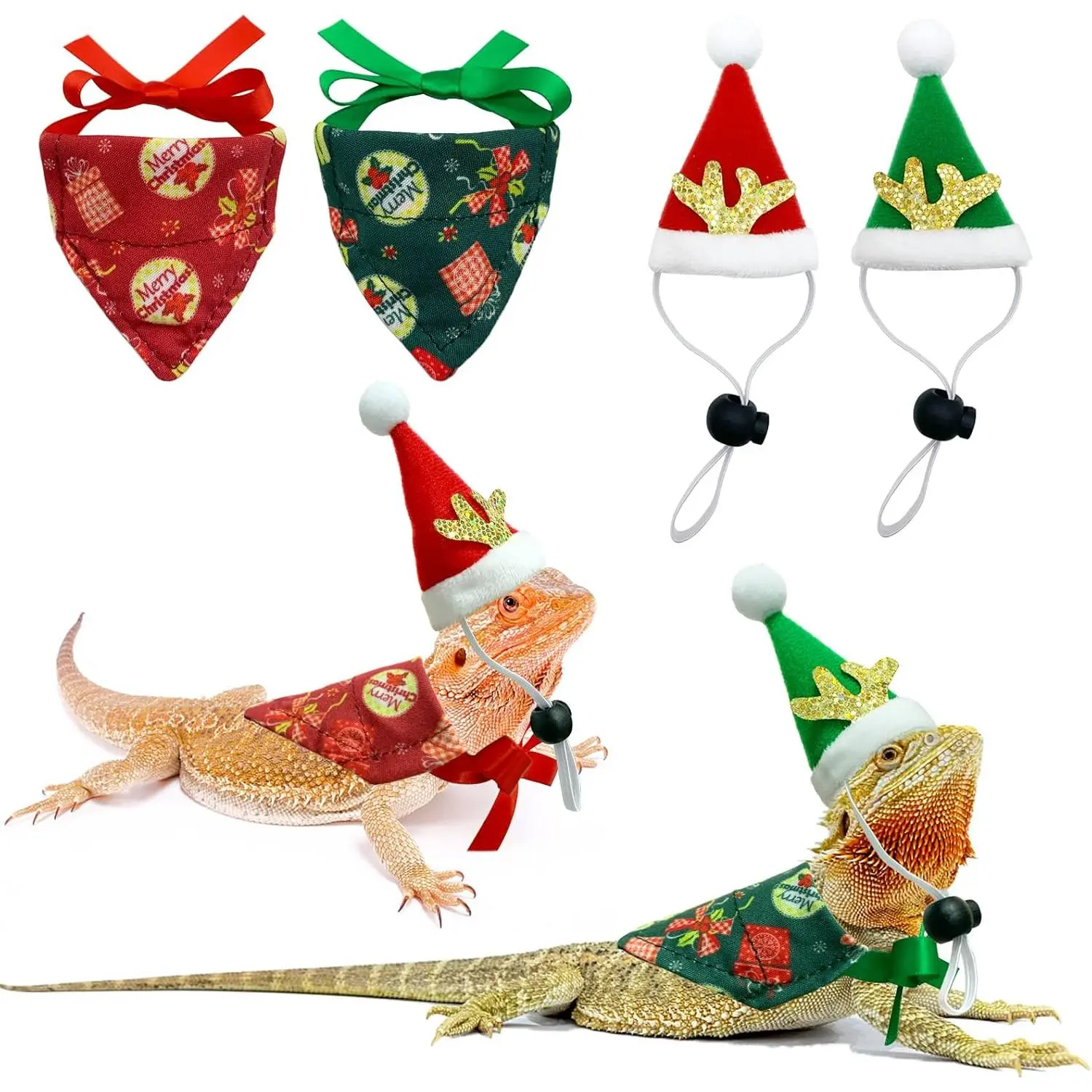 Bearded Dragon Outfit, 4 count Christmas Costume Accessories - Santa Hats with  Horns & Reversible Bandanas for Hamster, Leopard Gecko, Guinea Pig