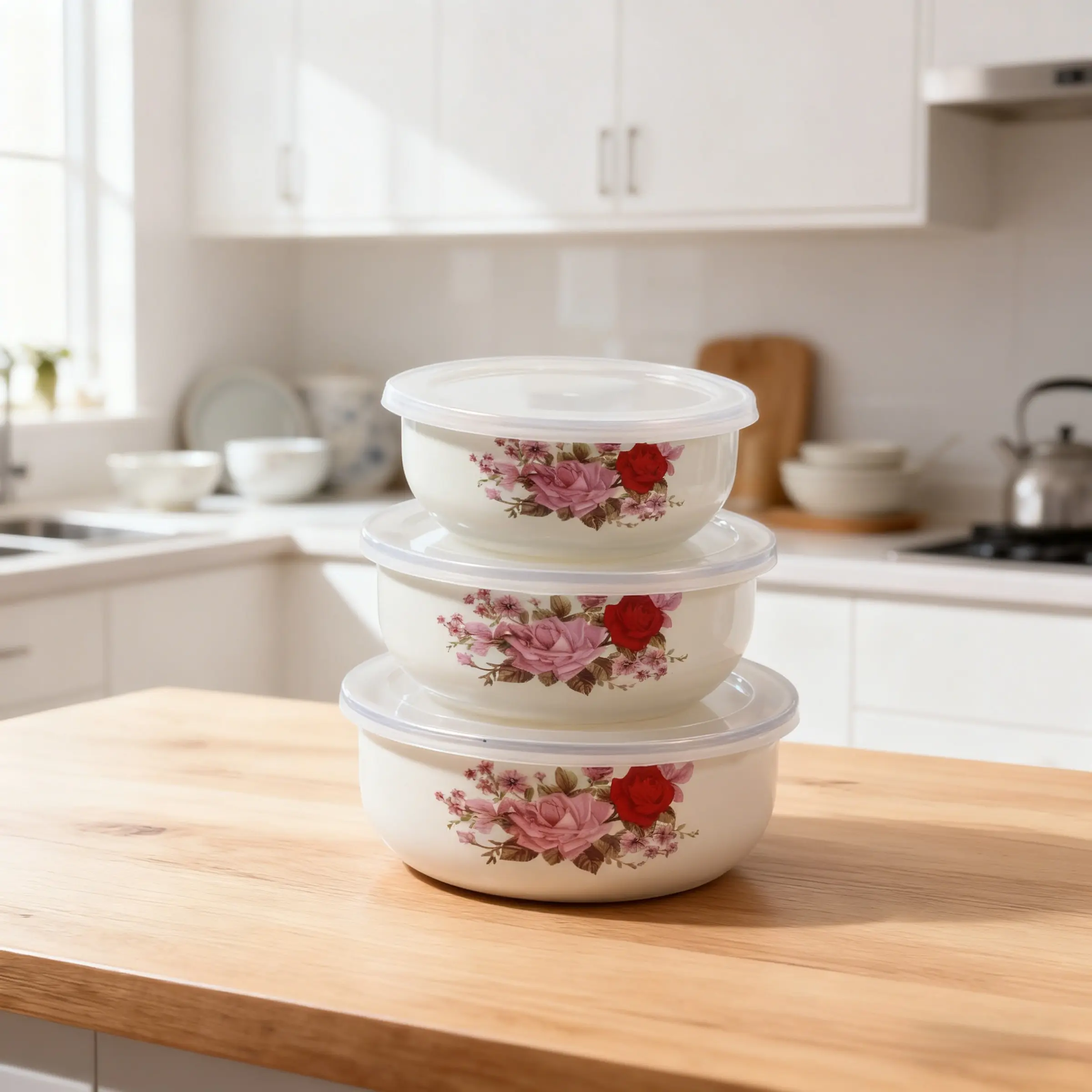 3pcs Enamel Sealed Storage Bowls with Lids, Food Preservation Containers, Portable Lunch Boxes, Salad Mixing Bowls, Kitchen Essentials, Gift Idea