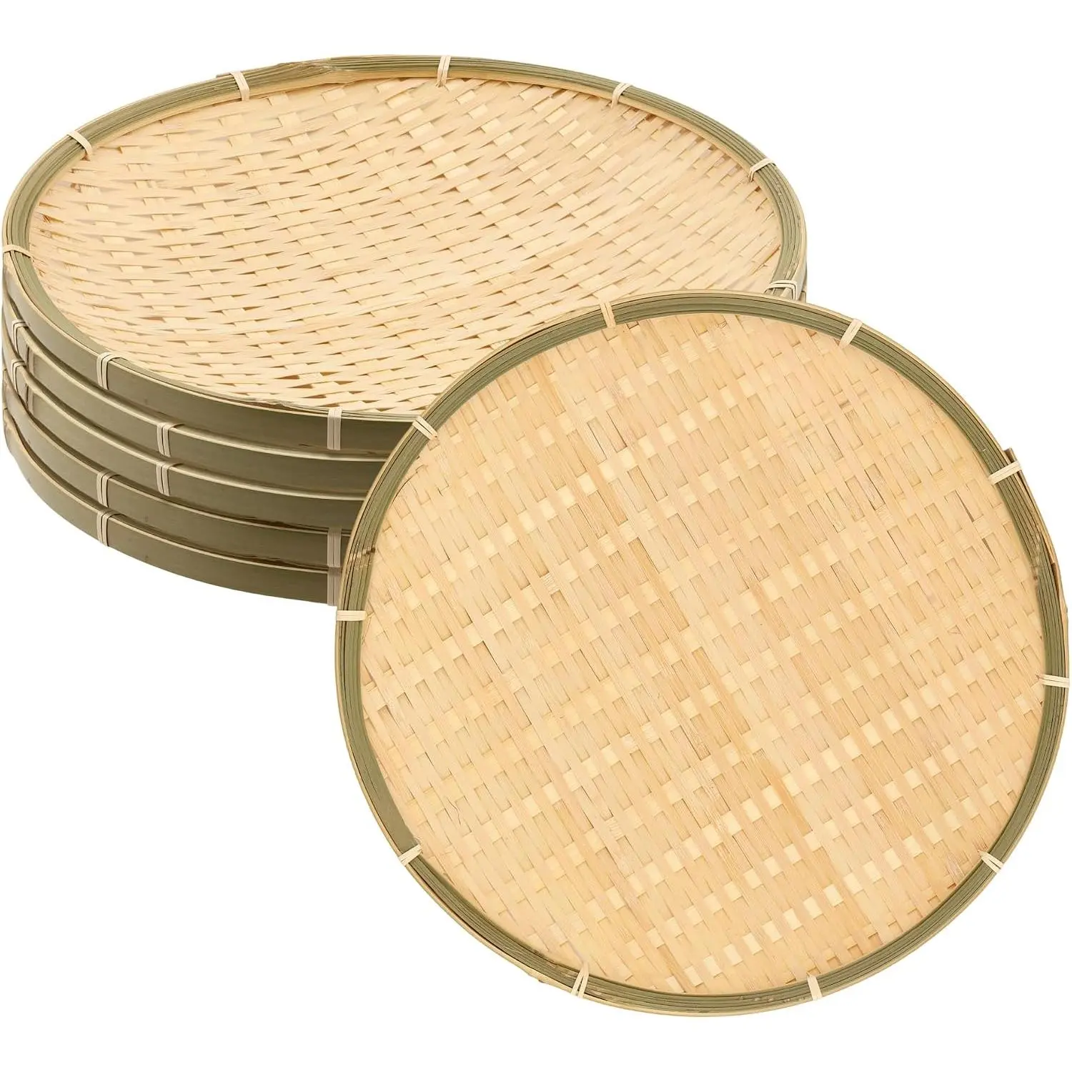 6 Pack 12.6 x 1.1 Inch Round Bamboo Woven Basket Tray, Bamboo Wicker Flat Shallow Basket for Kitchen, Dining and Garden Organization