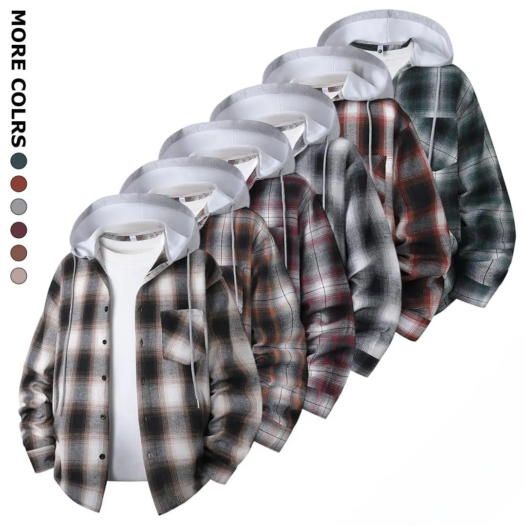 Men's Hooded Plaid Shirt Flannel Jacket Casual Long Sleeve Button Up Shacket With Drawstring Hood Single Chest Pocket Tartan Checkered Coats Tops Streetwear Y2K Harajuku Hip-Hop Layering Outfits Clothing Apparel Lightweight Comfortable cozy clean 6-Colors