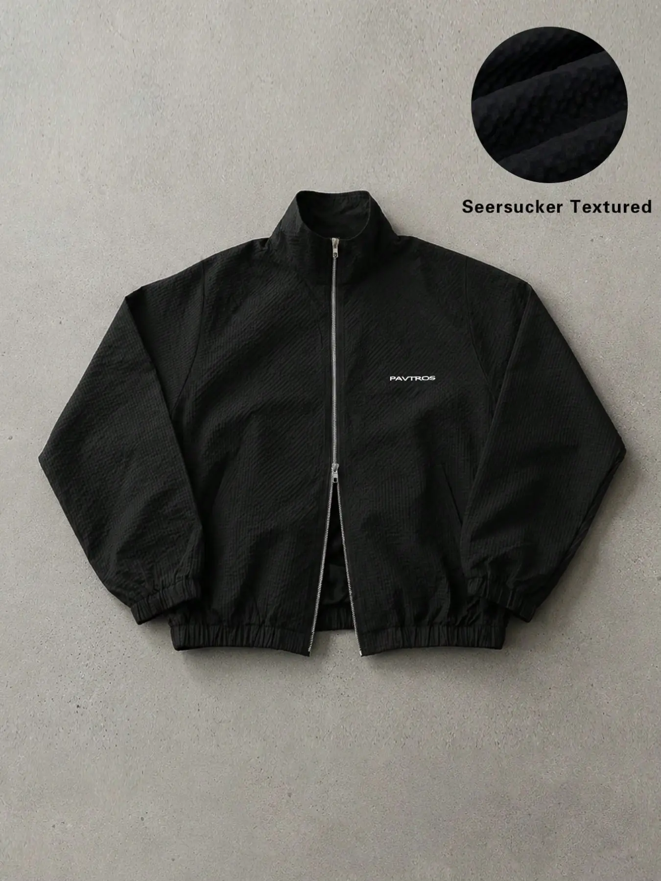 Men's Black Wrinkled Bubble Gauze Double-Zip Jacket | Minimalist Letter Logo Stand Collar Jacket, Lightweight Casual Short Jacket, Street Everyday Jacket, Autumn Fashion Basic Loose Jacket