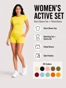 Women's Fitness Set, Casual Comfortable Sportswear, Gym Clothes Set, Slim Fit Short Sleeve Top, High Waist Tummy Control Shorts, All Seasons