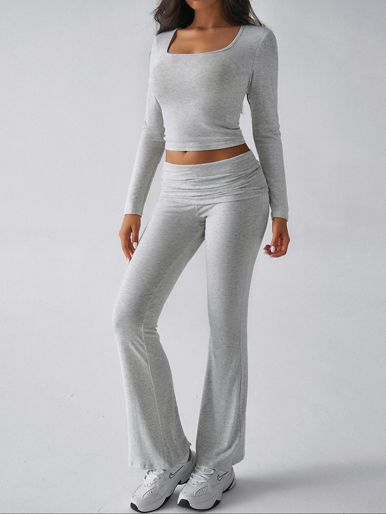 Women's Solid Color Square Neck Crop Tee & Flare Leg Pants Two-Piece Set, Casual Fashion Cozy Two Piece Outfits for Daily Outdoor Wear,Airport Outfit, Cropped Top