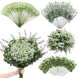 110pcs Mixed Faux Greenery: Real Babys Breath Artificial Flowers Bulk, Eucalyptus Stems & Frosted Silver Dollar for Rustic Wedding Decor, Boho Farmhouse Table Centerpieces