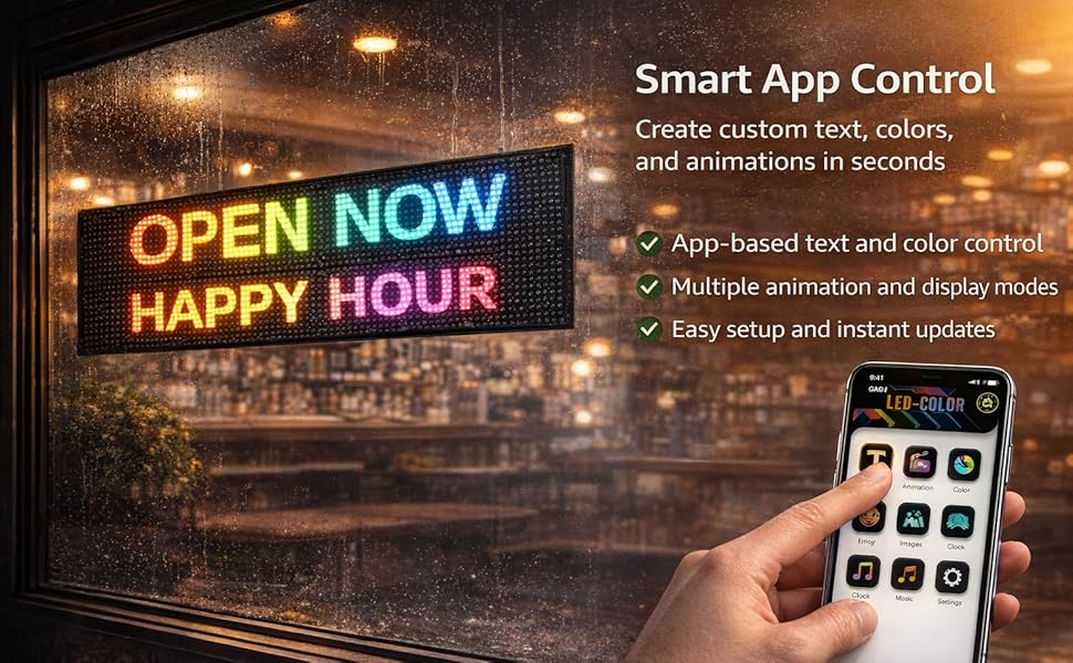 Programmable LED Message Board, Digital Scrolling Sign with App Control for Store Window, Shop, Bar, and Car Display, USB Powered (23 x 4Inch)