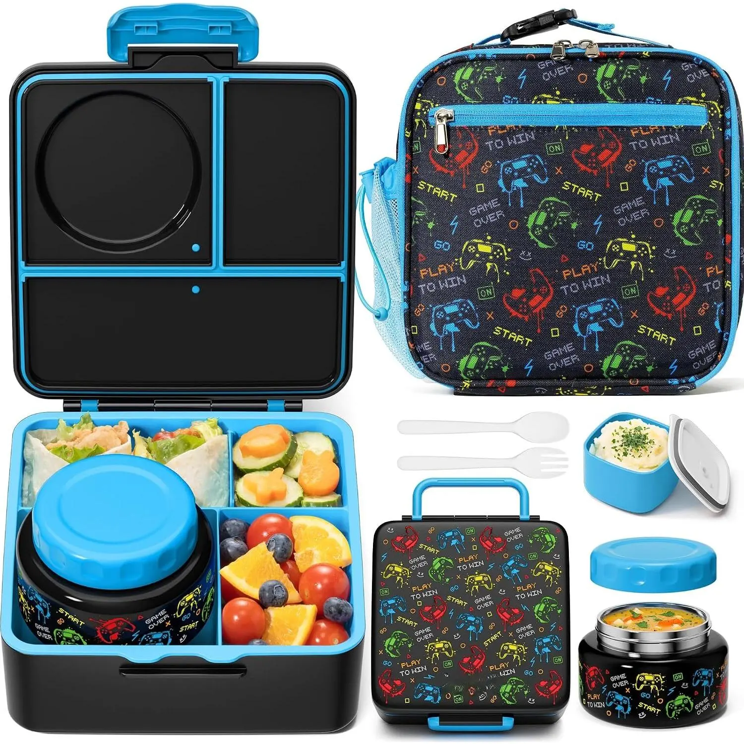 60oz  Bento lunch Box with Insulated Lunch Bag & 8.5oz Thermo | Leakproof 3-4 Compartment   Lunch Box  Container w/ Utensils, Sauce Cup for School Boys Girls, Dishwasher Safe