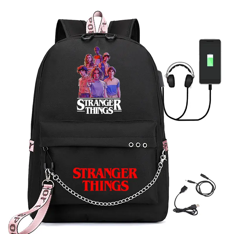 Stranger Things USB Backpack, TV Series Printed Student School Bag, Large Capacity Laptop Backpack for Boys Girls, Fashion Travel Daypack