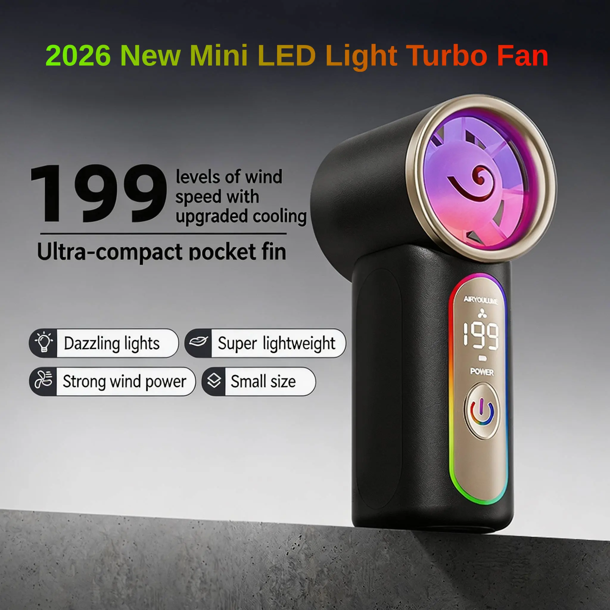 2026 Mini Turbo Fan with RGB Colorful Lights, 199-Speed Portable Handheld Fan, Brushless Motor High-Speed Cooling Fan with Digital Display, Pocket Size Travel Fan