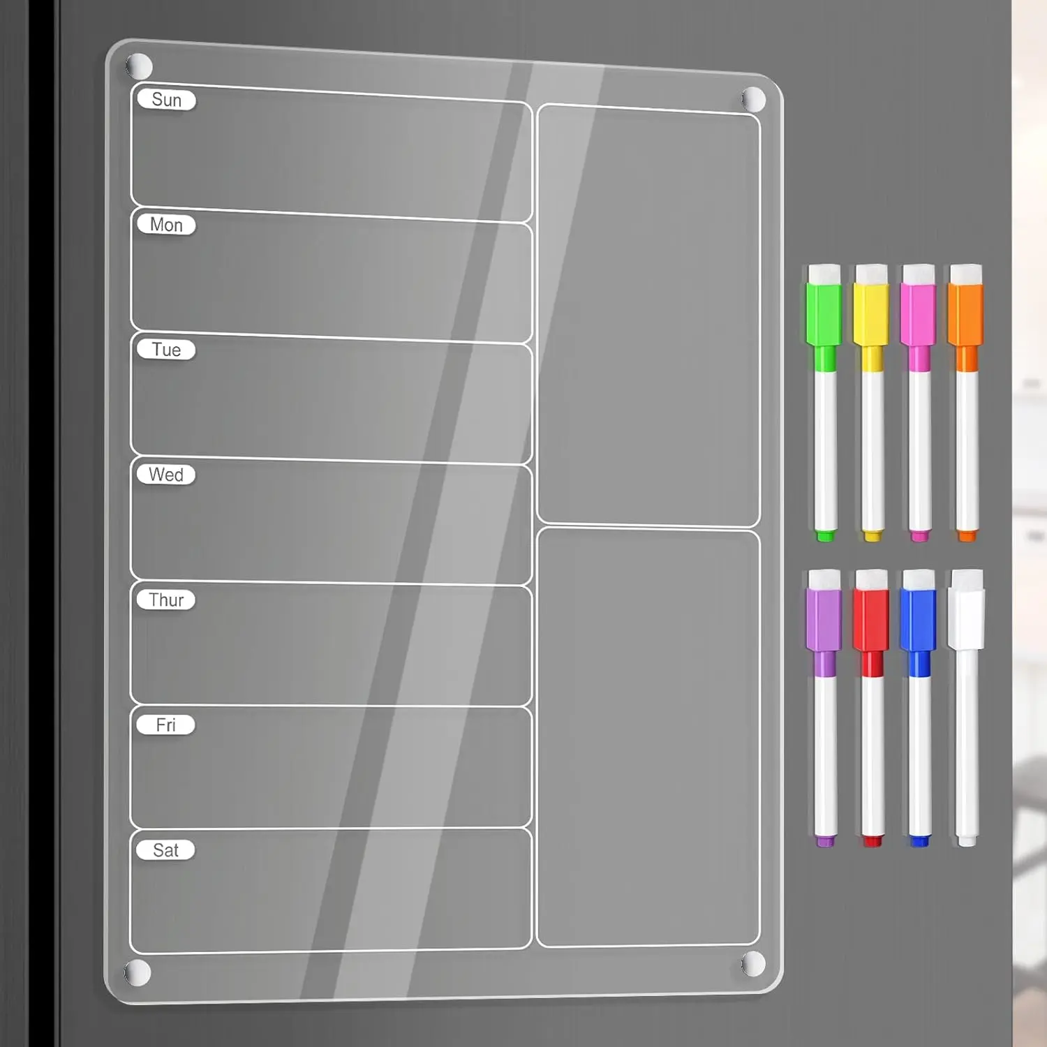 Meal Planner Weekly Calendar Menu Board for Kitchen, w/ 8 Markers | Clear Weekly Fridge Calendar Planning Note Board Dry Erase to Do/Grocery/Shopping List/Chore Chart, 12.8x9’’