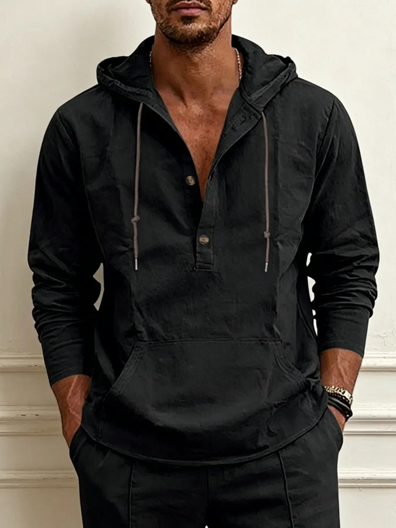 Men's Lightweight Linen Drawstring Hooded Henley Long Sleeve Shirt, Breathable Loose Fit Casual Blouse, Perfect for Beach, Travel, Daily Home Loungewear, Multiple Colors In Stock, Full Sizes S-3XL Available