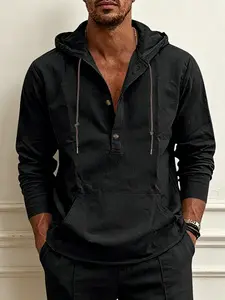 Men's Lightweight Linen Drawstring Hooded Henley Long Sleeve Shirt, Breathable Loose Fit Casual Blouse, Perfect for Beach, Travel, Daily Home Loungewear, Multiple Colors In Stock, Full Sizes S-3XL Available