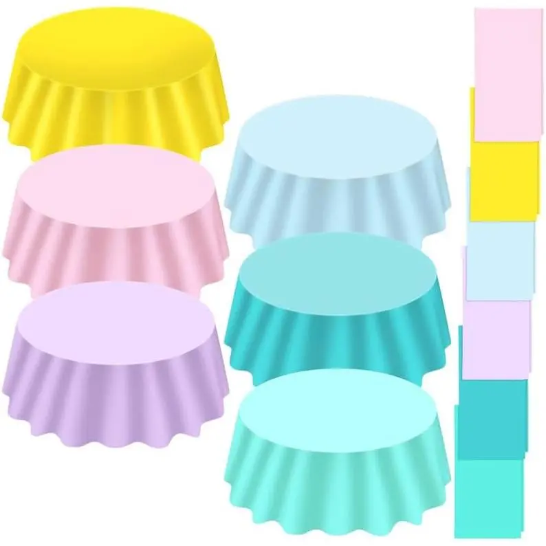 12 count Round Pastel Tablecloths Plastic Pastel Rainbow Tablecloth 84 Inch Plastic Disposable Round Colorful Table Cover for  Shower Bridal Wedding Picnic Birthday Ice Cream Party Decoration