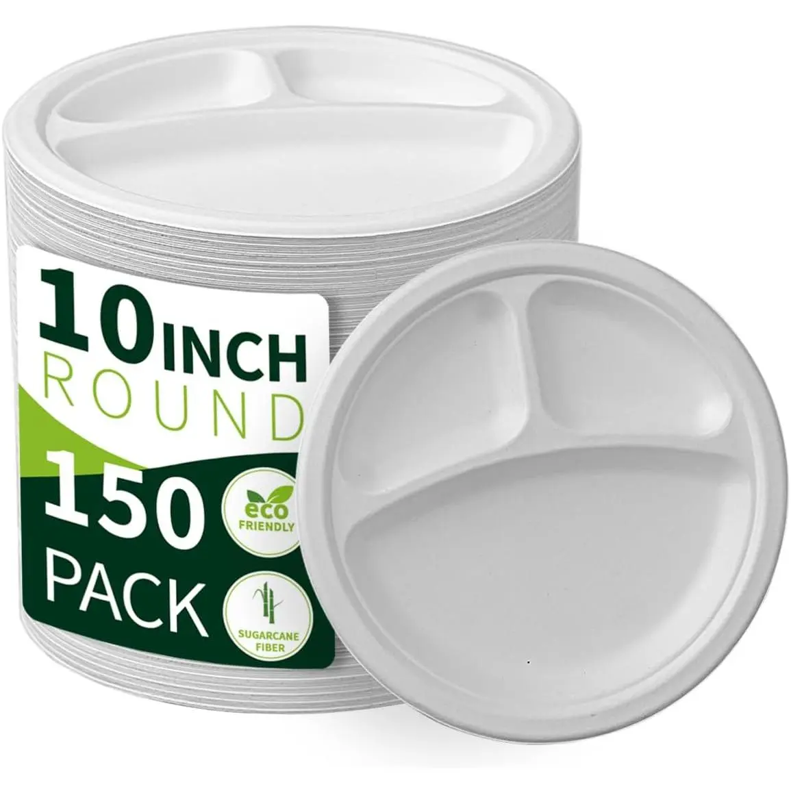 10 Inch 3 Compartment Paper Plates ?White 150 Pack?, Compostable Divided Plates,  Sugarcane Bagasse, Heavy Duty Disposable Plates for Party, BBQ, Picnic, Catering