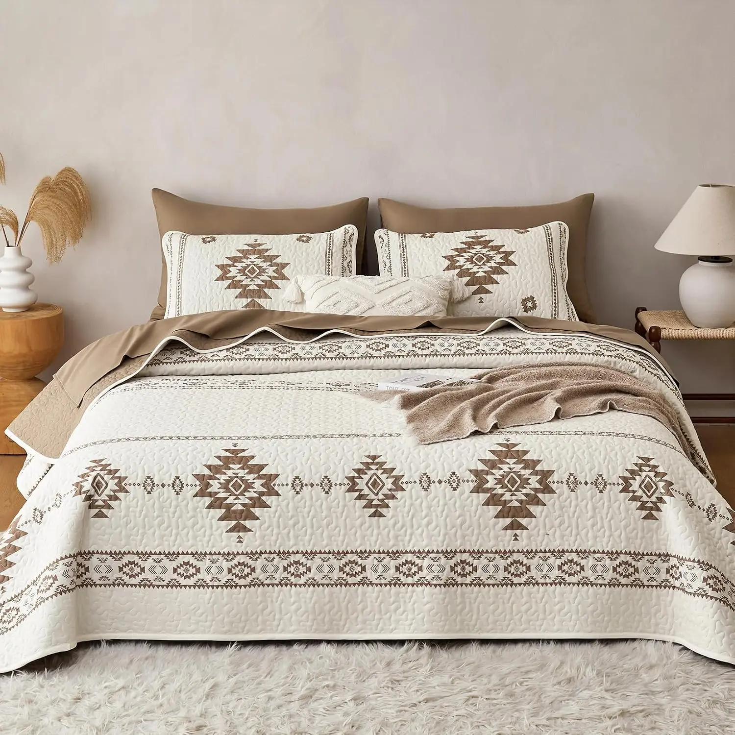 - Set, Southwestern Aztec Tribal Ranch, Reversible Lightweight Bedspread Coverlet, 3 Pieces, Beige Brown, Queen/Full Size