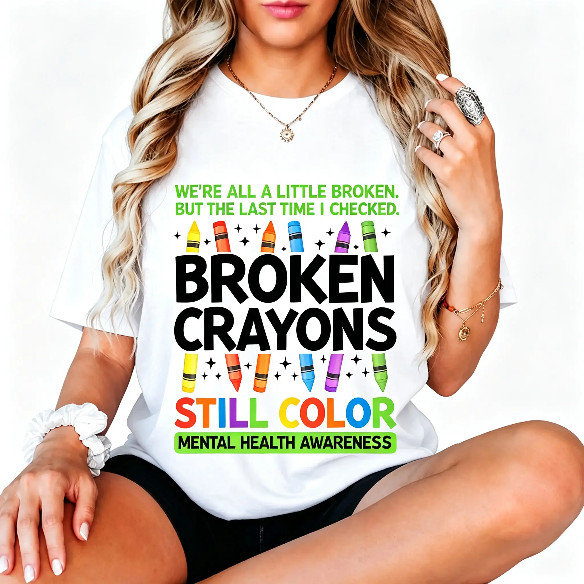 Women's Broken Crayons Still Color 100% Cotton Short-Sleeve Graphic T-Shirt, Comfortable Fabric, Oversized Fit, Mental Health-Inspired Streetwear Casual Everyday Top