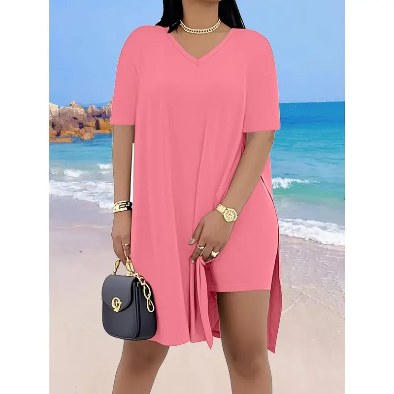 (New)Women's Plus Size Short Sleeve V-Neck Set, Solid Color Stretch Short Sleeve T-Shirt And Split Shorts 2pcs for Jogging,,, Shopping And Holiday Party, Plus Size Set