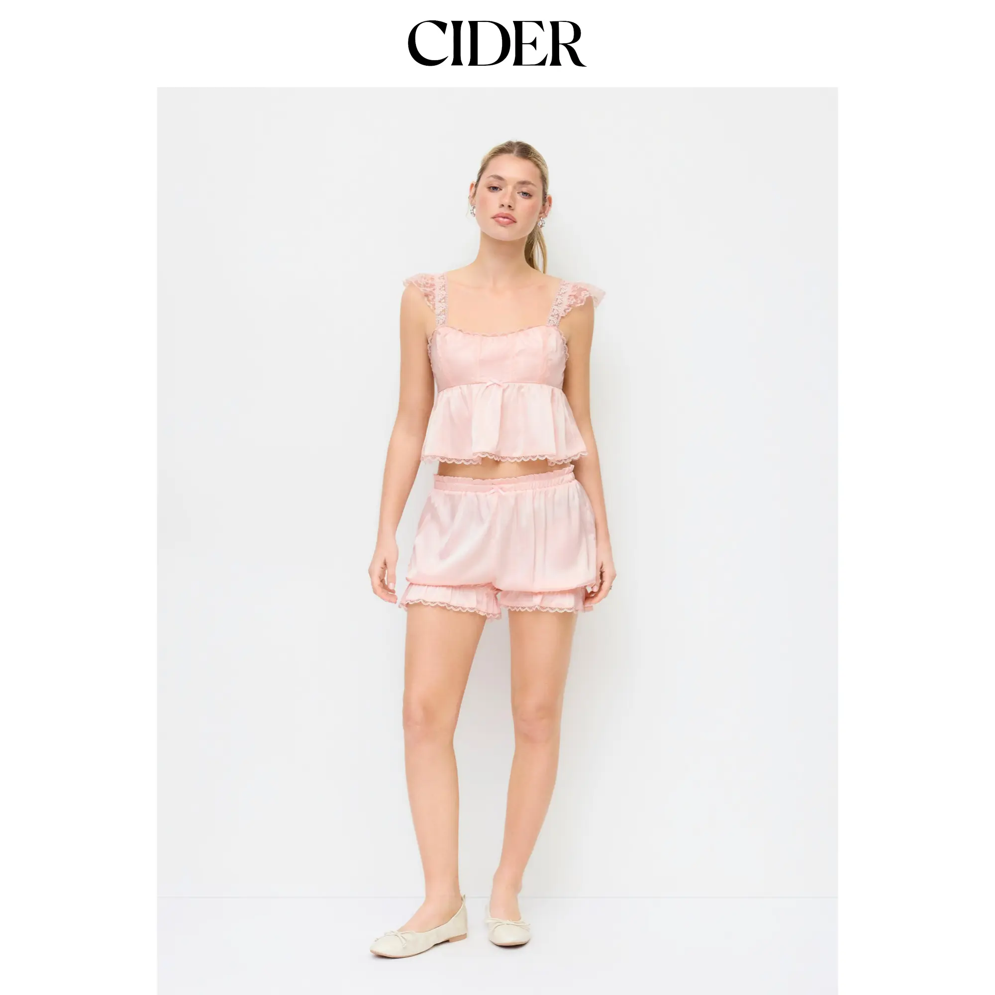 Cider Satin Lace Trim Ruffled Peplum Hem Top & Mid Rise Shorts Loungewear Set