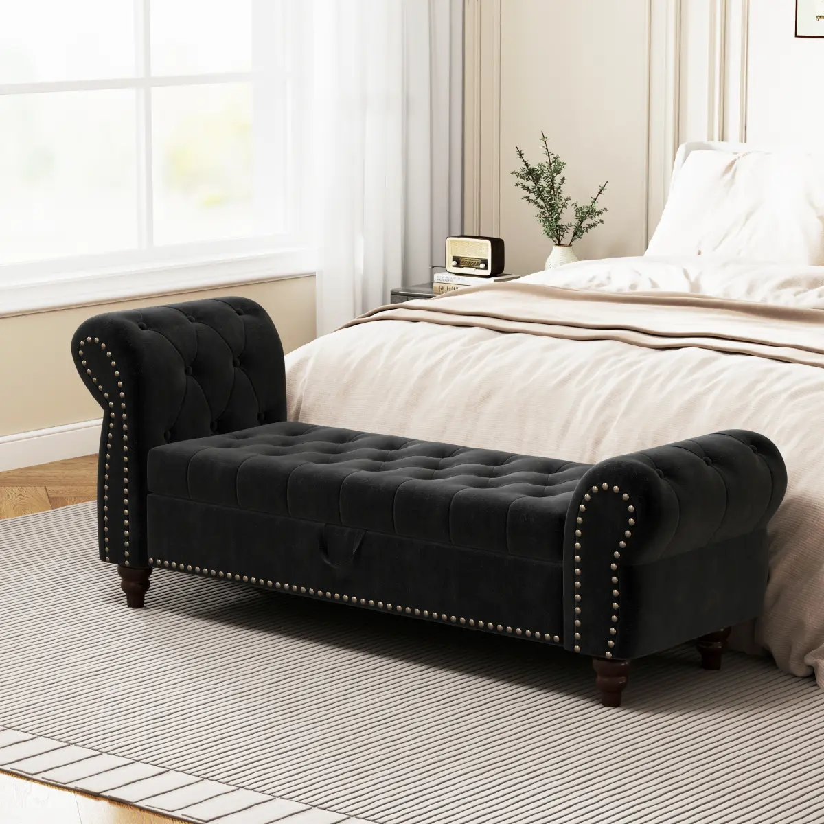 64.5"  Storage Bench End of Bed Bench Bedroom Bench with Button-Tufted, Upholstered Storage Ottoman Benches Window Bench with Storagee Velvet Upholstery Black