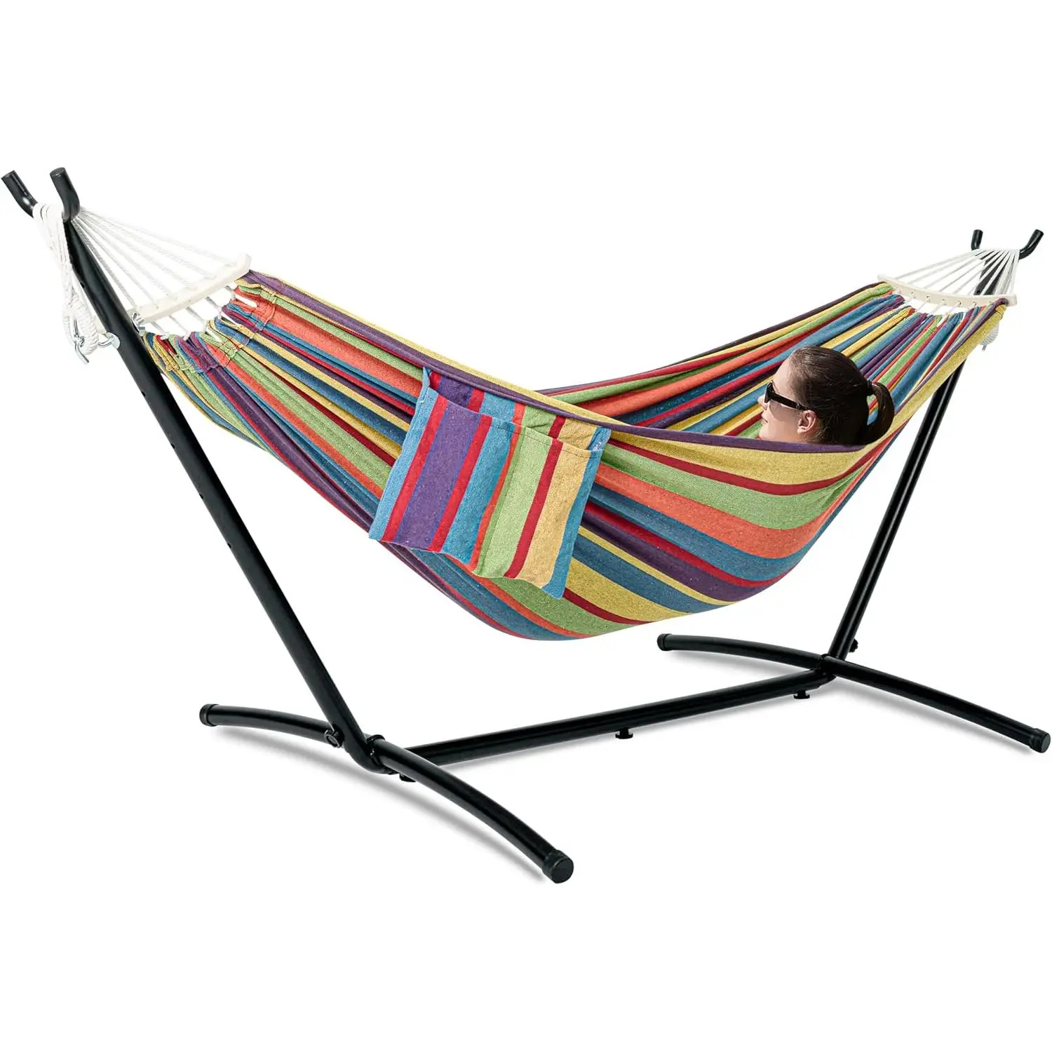 2-Person Heavy Duty Double Hammock with Upgraded Spreader Bar, Space-Saving Steel Stand, Side Pockets, Easy Assembly, 600lbs Capacity, Natural Cotton Unisex Design for Parks, Indoor & Outdoor Use (Classic Red, Coffee Accent)