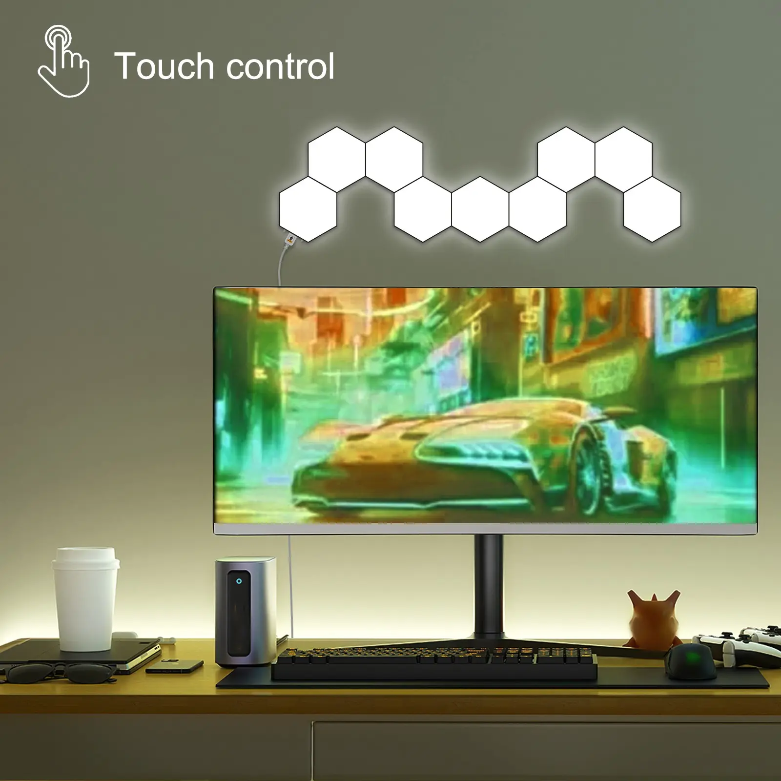Hexagonal Touch Control LED Light, USB Powered DIY Ambiance Wall Lamp, Decorative Night Light for Bedroom & Living Room