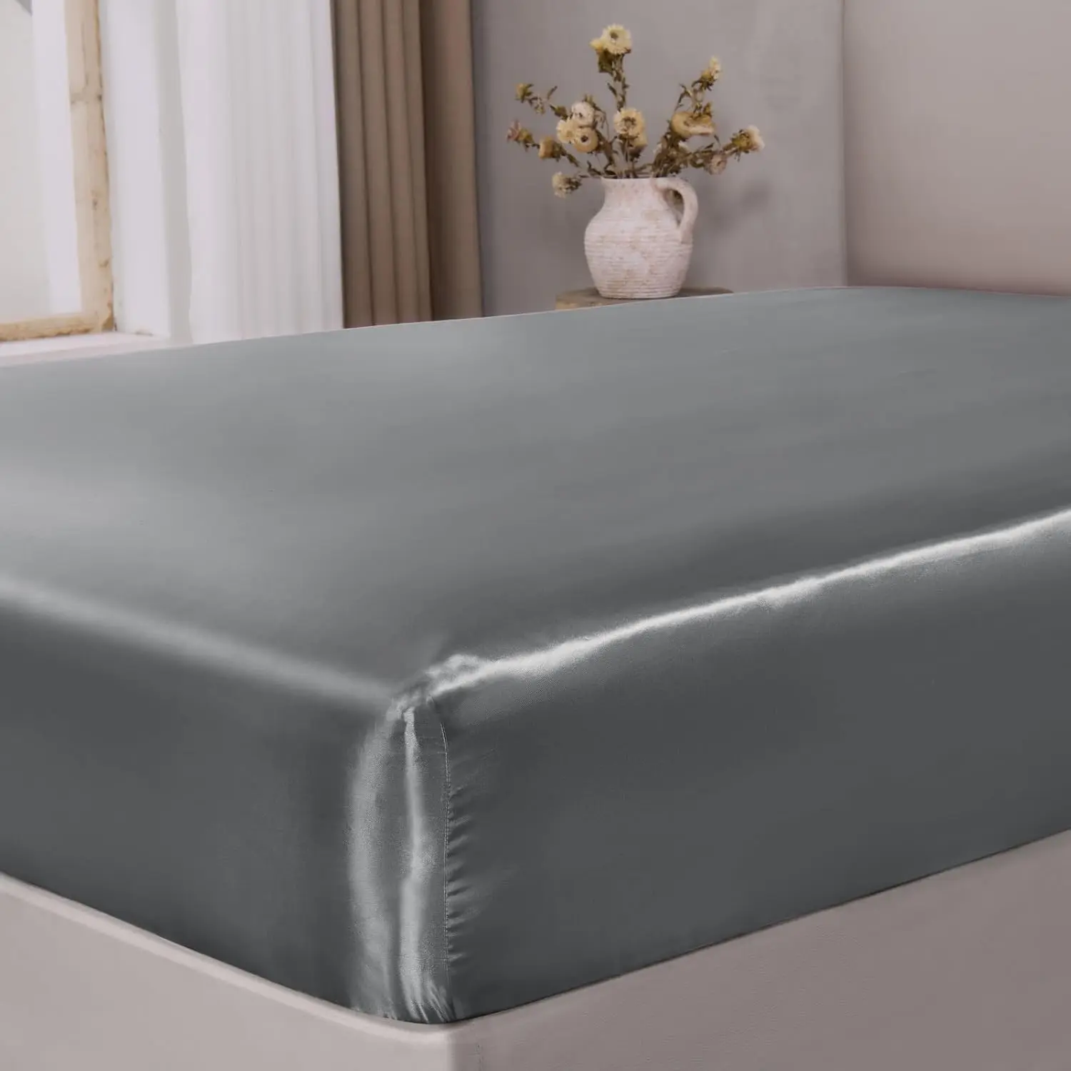 Queen Size 1-Piece Deep Fit Fitted Sheet - Dark Grey, Elastic Straps, Luxury Soft Silk-Like Satin Smooth Weave, 15-Inch Deep Pockets, Cooling Effect, Reduces Friction, Gentle on Hair and Skin