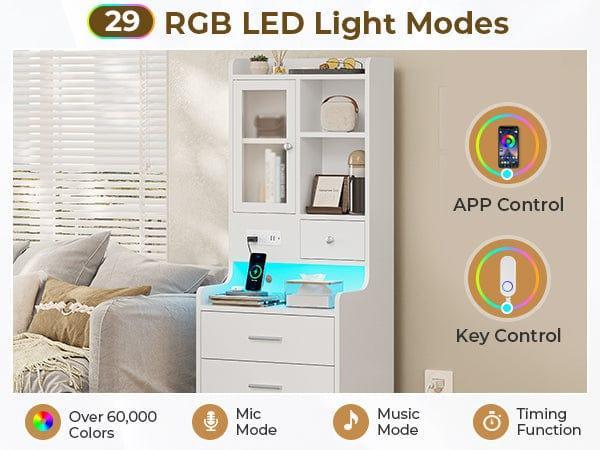 Sikaic LED Tall Nightstand with Glass Door Storage White Modern Accent Tables Modern Furniture Bedside Cabinet