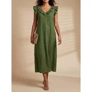 VVZ 2026 Women's New Summer Sleeveless Casual Loose Flowy Maxi Dress, Boho Ruffle Collar Long Dress VVZ 2026 Women's New Summer Sleeveless Casual Loose Flowy Maxi Dress, Boho Ruffle Collar Long Dress
