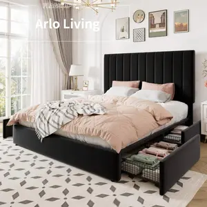 Black Velvet Storage Bed | Full/Queen/King, Channel Tuft Adjustable Headboard, 4 Big Underbed Drawers, Wooden Slats, No Box Spring Needed