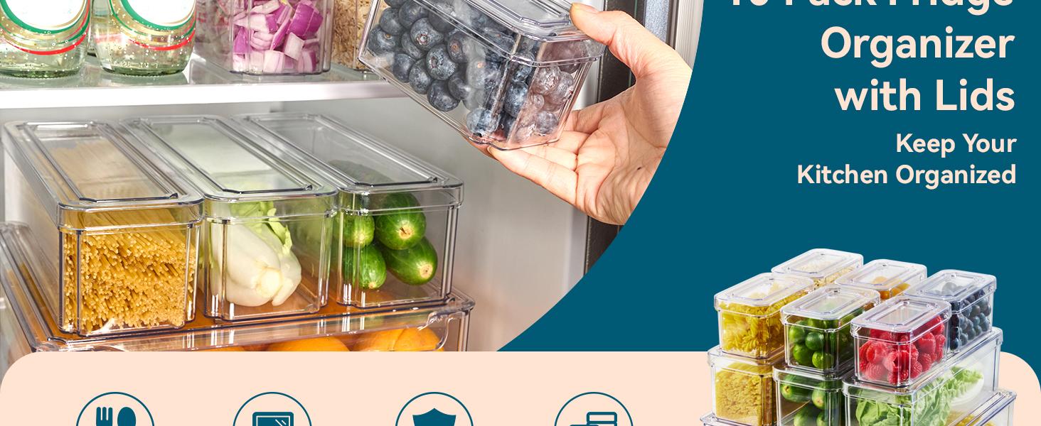 10 Pack Clear Fridge Organizer, Stackable Refrigerator Organizer Bins with Lids, Fridge Storage Containers for Kitchen, Food, Cabinets, Fruits, Vegetables, Cereals