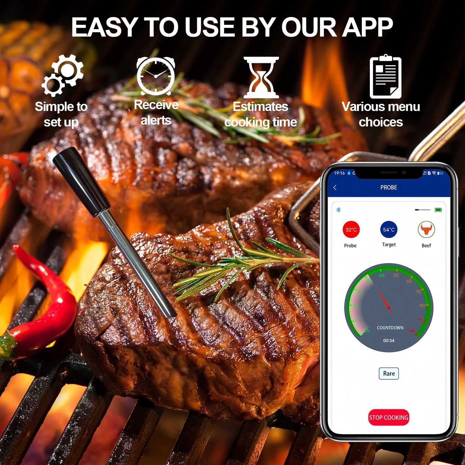 Wireless Meat Thermometer, 1 Box Smart Digital Cooking Thermometer with Wireless Probe, Bluetooth-compatible Food Thermometer for BBQ, Oven