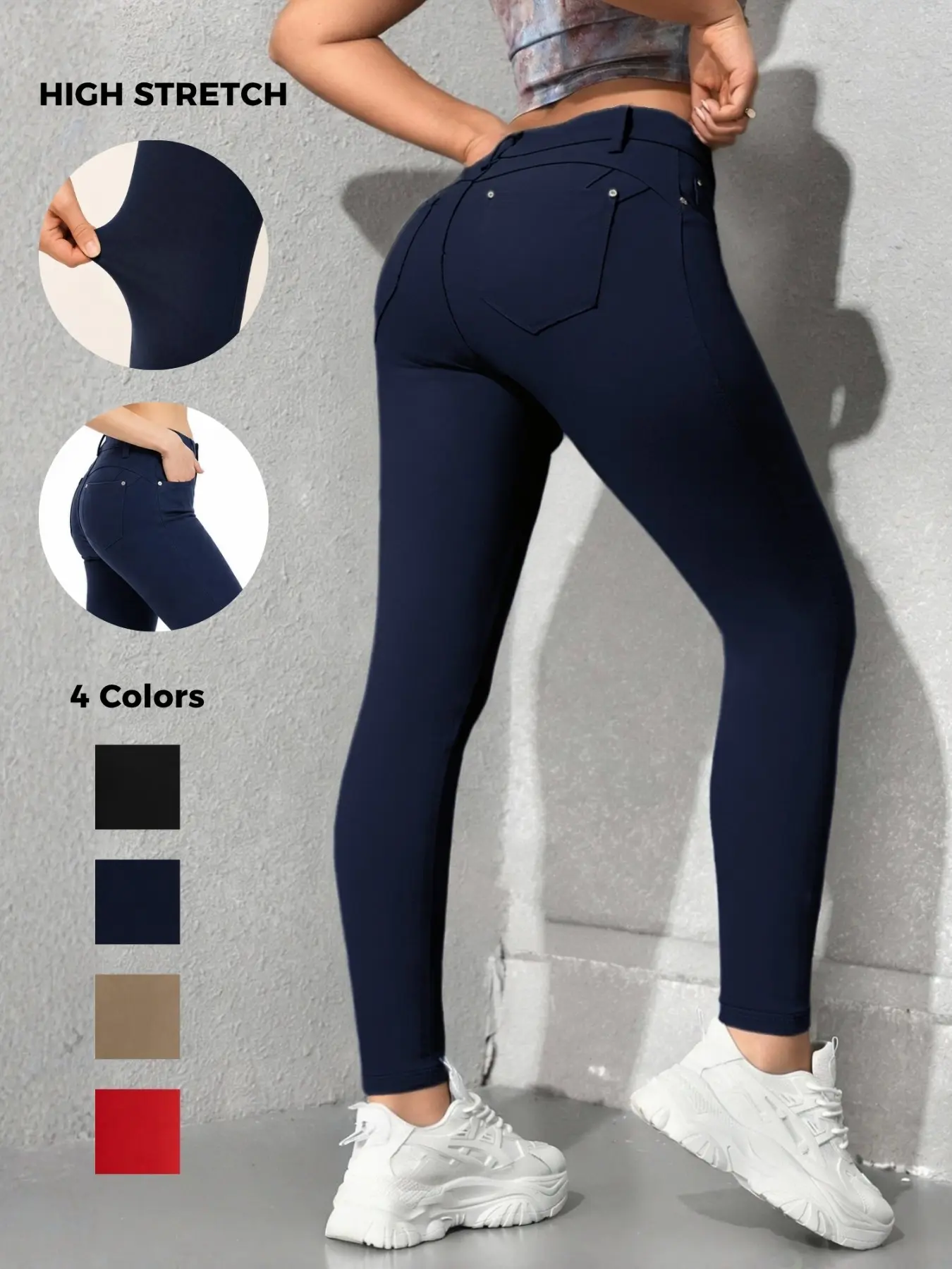 Women's High-Waisted Stretch Street Style Solid Color Tight Pants, Fashion Metal Button Detail, Soft Comfortable Fabric Viscose, Daily Wear & Work