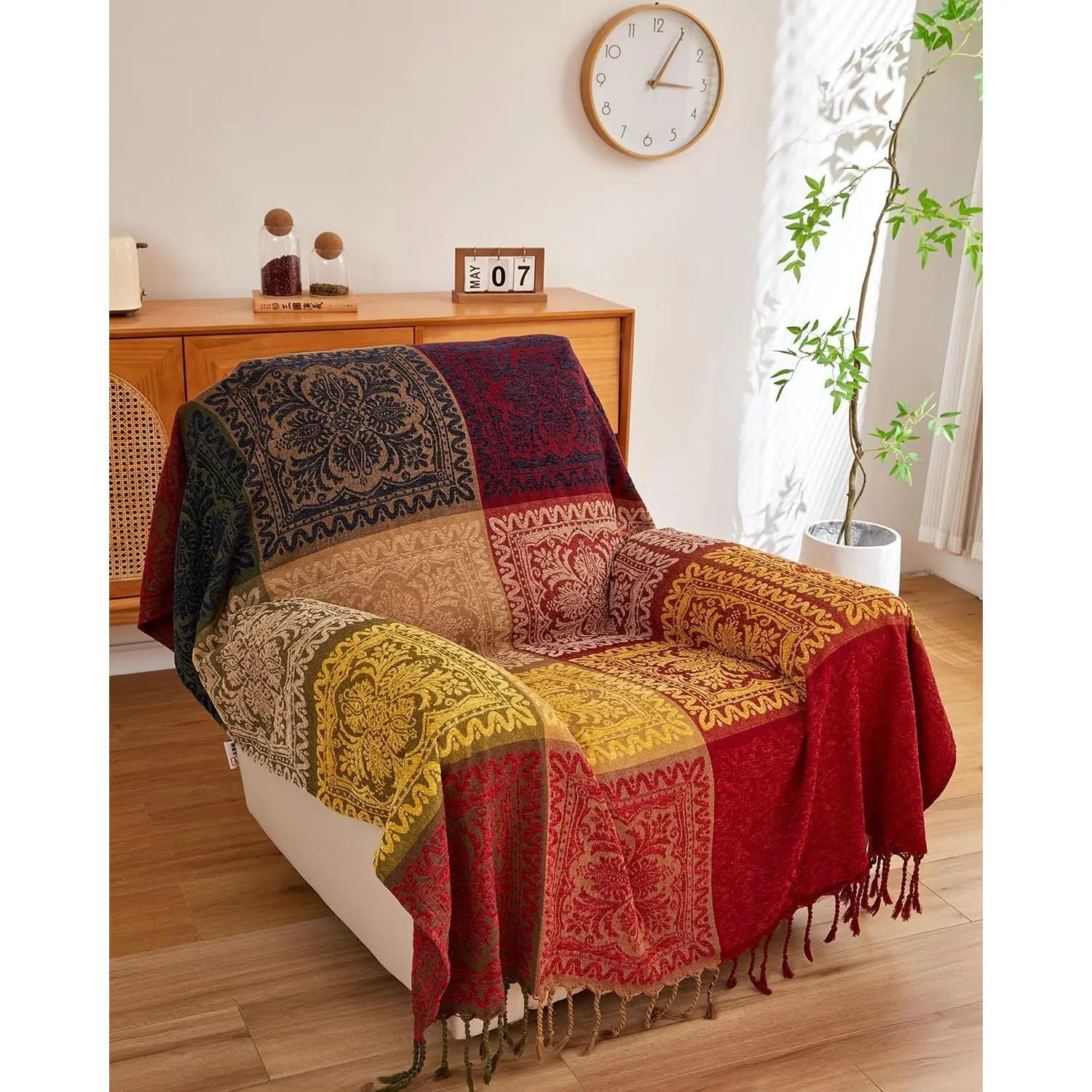 Boho Chenille Jacquard Throw Blanket - Aztec Hippie Vibe, 60"x75" Indoor/Outdoor Chair/Sofa Furniture Cover (Red, Green, Navy, Yellow), 60X75"